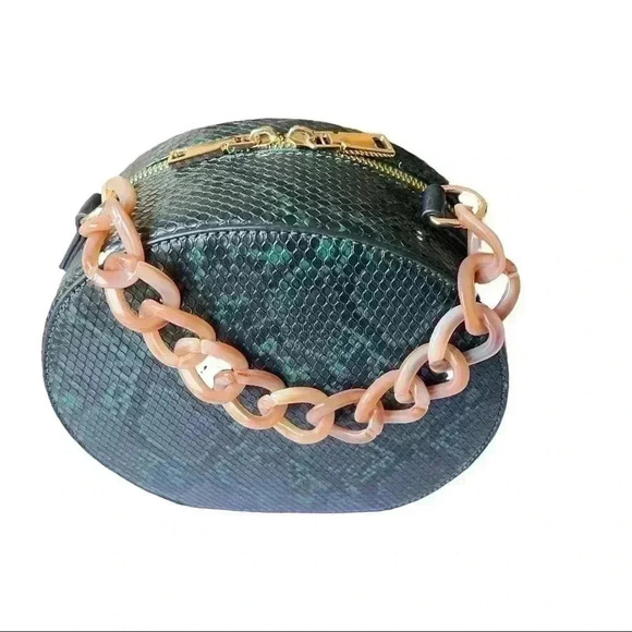 Handbags - ROUND FAUX SNAKE SKIN PRINT HAND BAG INCLUDES SHOULDER STRAP•GREEN AND BLACK•